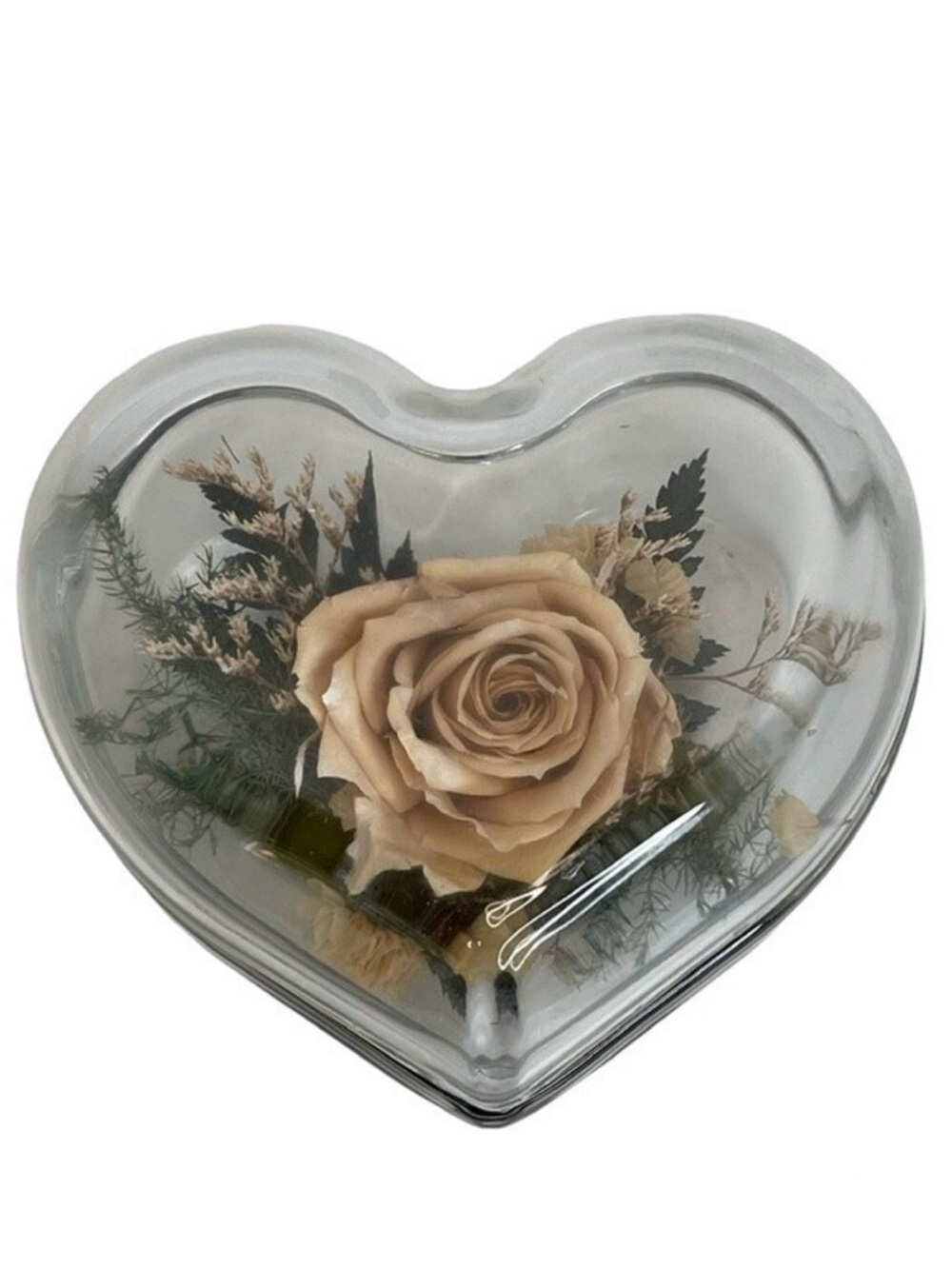 Natural Expressions Freeze Dried Pink Rose Flower Clear Glass Heart Paperweight